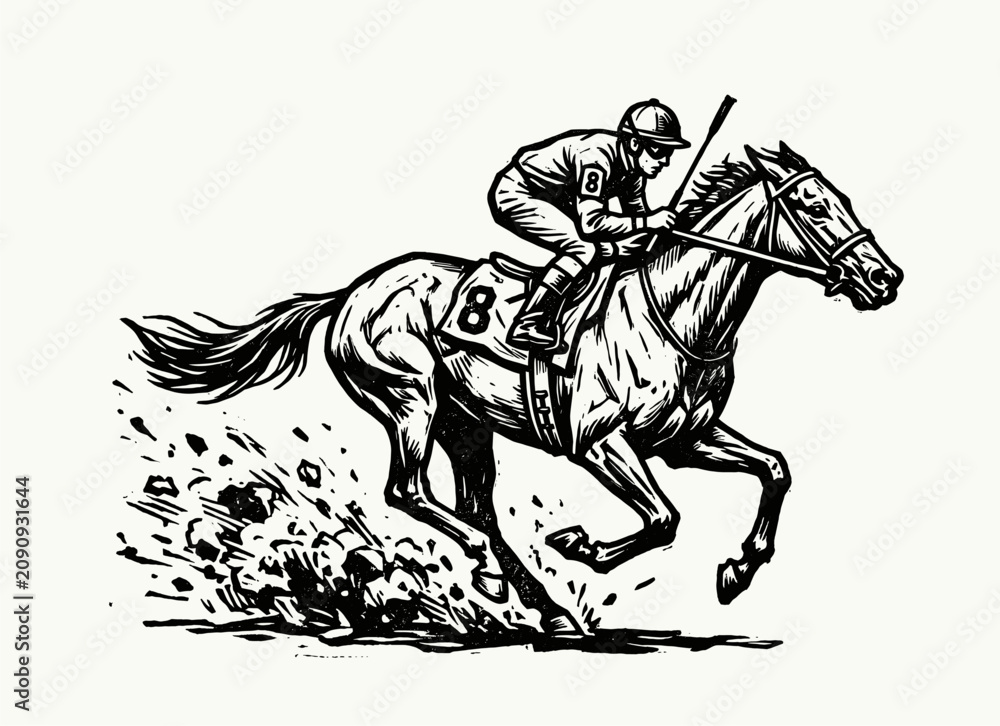 Fototapeta premium Jockey riding galloping racehorse in action pose, retro engraving illustration, horse racing sports vector design