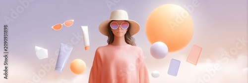 Modern summer wellness portrait with sun anxiety elements and skincare icons for banner and mental health background design