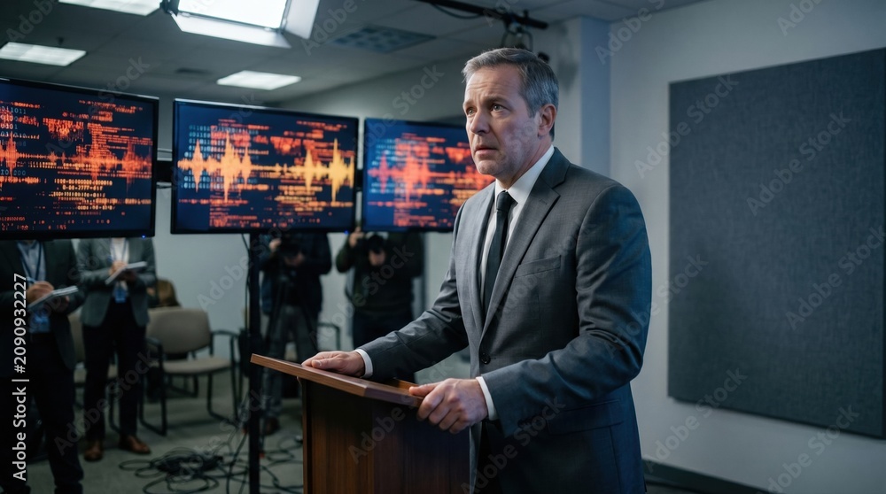 Fototapeta premium Politician amid voice cloning alerts in newsroom for disinformation concept