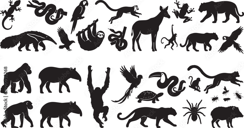 Obraz premium Black animal silhouettes, wildlife icons, vector animals, 30 species isolated on Transparent Background