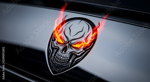 Shiny metallic skull emblem with glowing orange fire flames erupting from the eyes on a smooth dark reflective metal surface