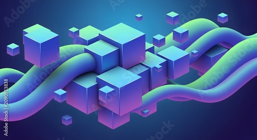 Vibrant floating cubes and smooth flowing tubes rendered in a modern digital style with soft neon gradient lighting and depth
