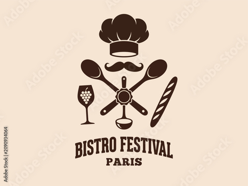 Foto Vintage Bistro Festival Paris logo vector, retro chef hat with mustache and kitc