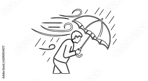 Person holding umbrella against strong wind and heavy rain, line art