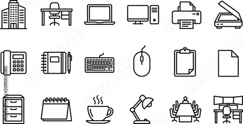 Fotografía Office equipment and workplace workspace icons with workplace, computer
