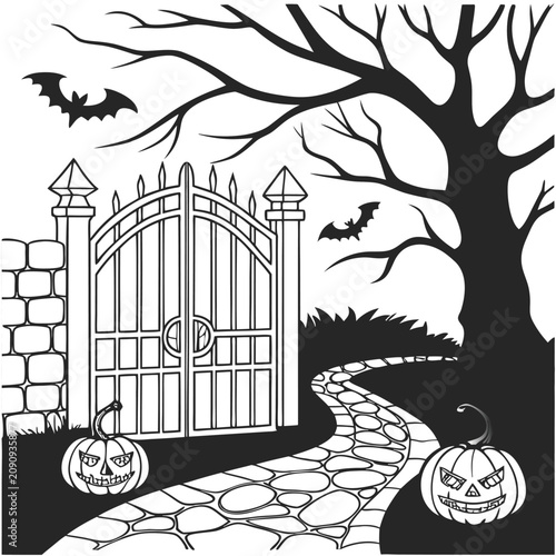 Foto A giant haunted pumpkin gate opens to a cursed house