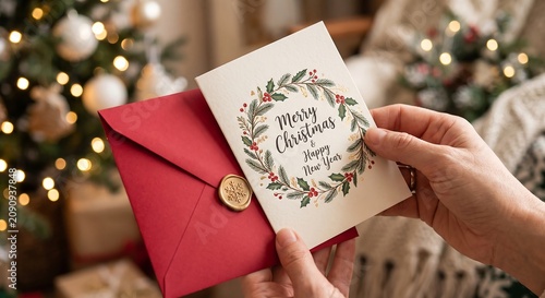 Woman holding Christmas card with festive wreath and red envelope with wax seal. Seasonal greeting during holidays celebration. Cozy home atmosphere with blur decorated fir tree in background.