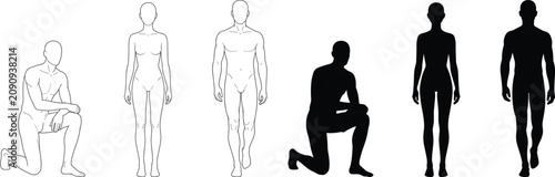 Bilde på lerret Front and back view illustration of human body outlines and silhouettes showing