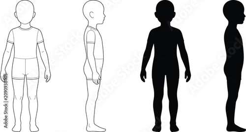 Front and side view illustration of child figure outline and silhouette comparison for design anatomy and educational use