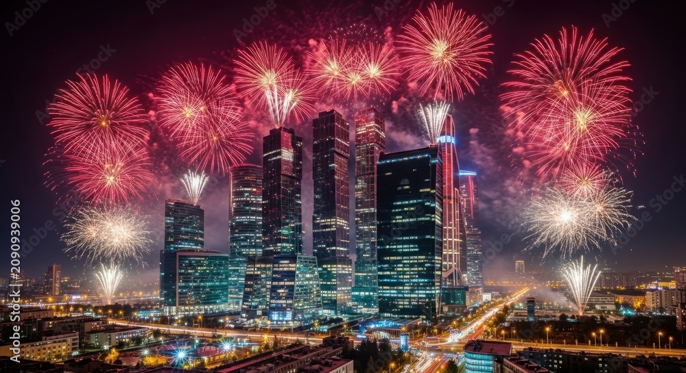 Obraz premium Vibrant fireworks explosion over city buildings at night