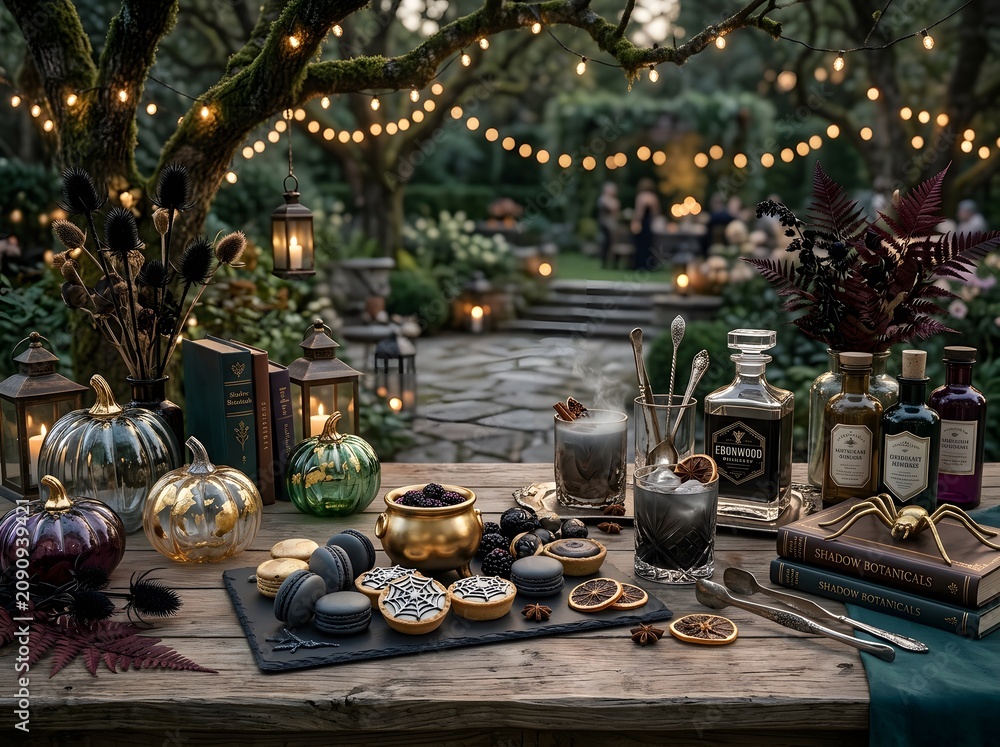 Fototapeta premium Elegant halloween party setup with pumpkins cocktails and moody botanical decor