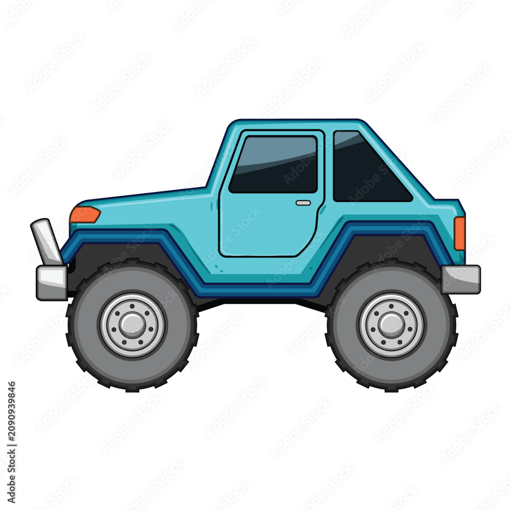 Fototapeta premium Off road vehicle cartoon illustration featuring a light blue body and thick tires, ready for adventure on various terrains and representing exploration