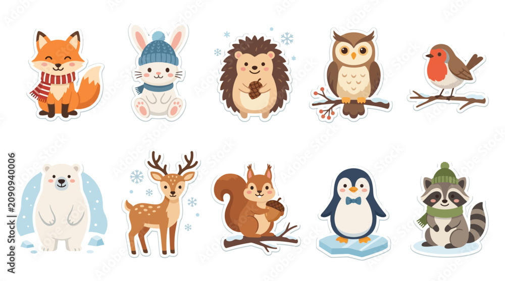 Fototapeta premium Cute winter animals wear hats and scarves in a snowy scene with snowflakes around them.