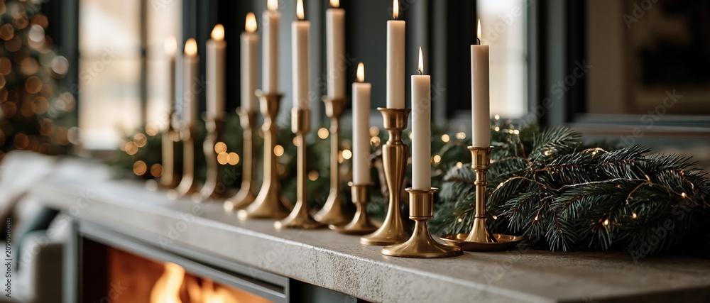 Fototapeta premium Warm holiday ambiance radiates from a styled fireplace mantel lined with brass candleholders, ivory taper candles, and lush pine garland. Perfect for luxury home decor and seasonal.