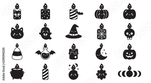 Cute Kawaii Halloween Candle Silhouette Icon Set