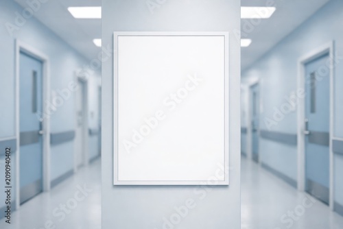 Blank hospital hallway poster mockup on clean wall.