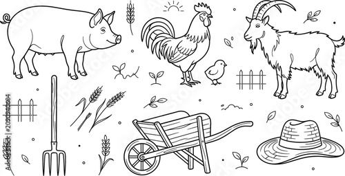 Bild auf Leinwand Agriculture vector set featuring farm animals like pig goat rooster chick with w