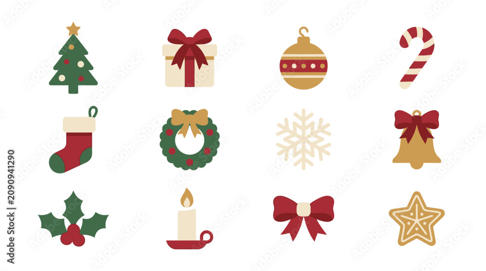 Fototapeta premium Christmas icons featuring tree, gifts, ornaments, and decorations on a white background