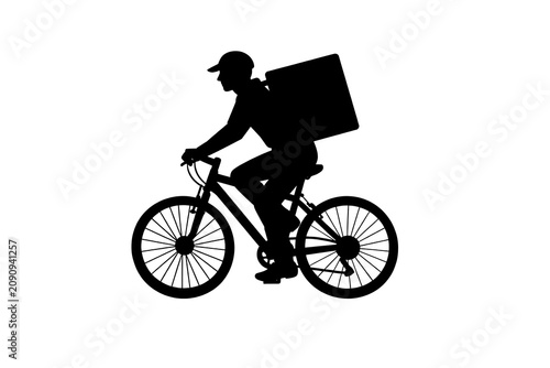 Black Silhouette Illustration of Food Delivery Rider on Bicycle with Thermal Backpack Isolated on White Background for Transportation and Gig Economy Theme