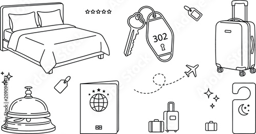 Foto Hotel and travel icon vector set featuring a double bed room keys service bell p