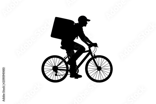 Silhouette of a Delivery Courier Riding Bicycle with Large Backpack Representing Eco Friendly Urban Logistics and Fast Online Shopping Service Concept