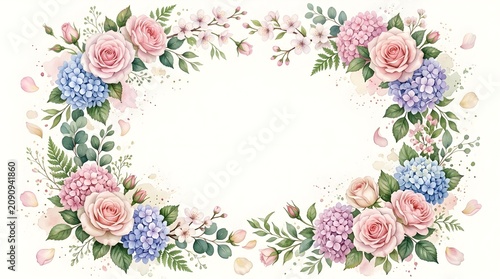 A beautiful watercolor floral wreath featuring soft pink roses, blue and pink hydrangeas, and green leaves, with ample copy space in the center for your text.
