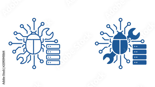 Software debugging and server maintenance icons with bug and wrench symbols for IT troubleshooting and system optimization presented in clean vector graphics for professional technical support