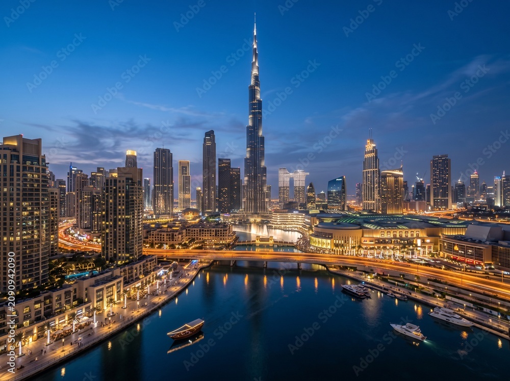 Obraz premium Burj Khalifa and Dubai downtown skyline with water canal at twilight, UAE