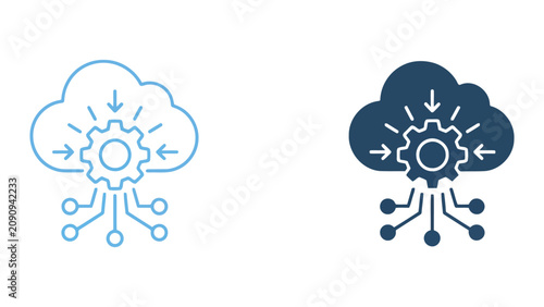 Cloud computing icon with a central gear and circuit connections illustrating cloud configuration data processing and system optimization
