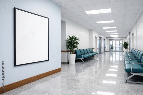 Blank poster on empty hospital wall corridor interior. Ai generative