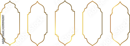 Islamic golden frames collection. Traditional Arabic door and window frames. Oriental mosque arch in luxury style