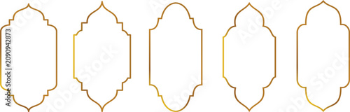 Islamic golden frames collection. Traditional Arabic door and window frames. Oriental mosque arch in luxury style