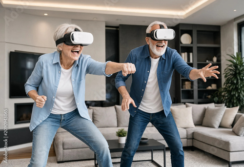 A stylish elderly couple with VR headsets playing an active virtual reality game in a modern living room. AI generated.
