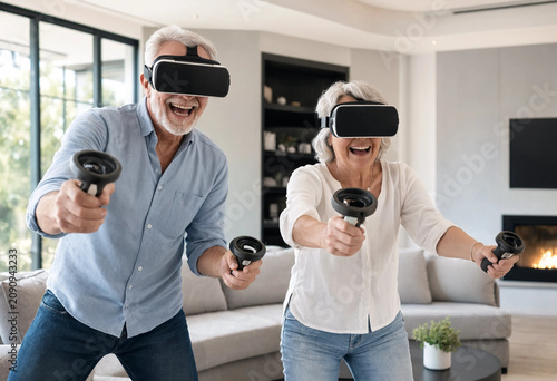 A stylish elderly couple with VR headsets playing an active virtual reality game in a modern living room. AI generated.
