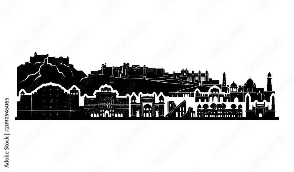 Fototapeta premium Panoramic Jaipur skyline black silhouette vector illustration with Indian landmarks for travel design