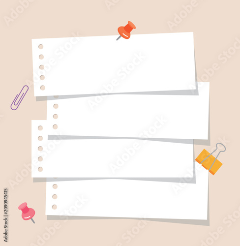 Set of four blank paper sheets with push pins, paper clip, and binder clip isolated on a beige background. Flat vector illustration of minimalist note pads and copy space for school and office design.