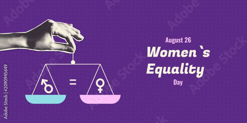 Women's Equality Day on August 26 collage banner template. Halftone Hand holding balance scale with Venus and Mars gender symbols, gender equality, equal rights, social justice. Vintage illustration.