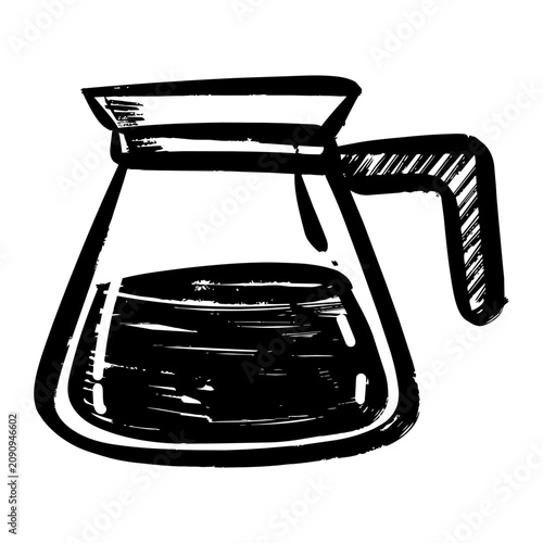 Hand drawn black ink sketch of a glass coffee pot carafe filled with dark coffee beverage, isolated on white background vector illustration