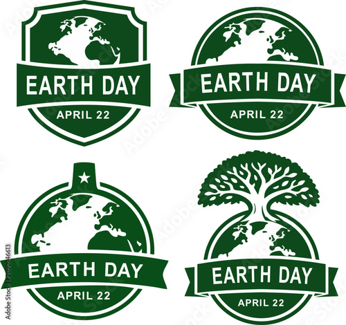 Set of four Earth Day emblems, all in green with globe or tree motifs