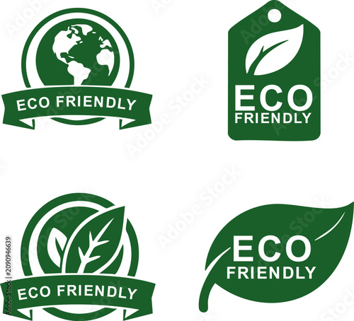 Set of four eco-friendly logos featuring leaves and globe