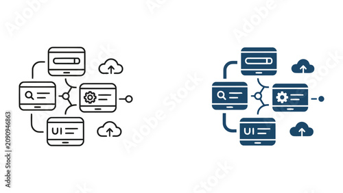 User interface management and cloud synchronization icon set featuring tablet and gear symbols in outline and solid vector styles for software development and system optimization applications
