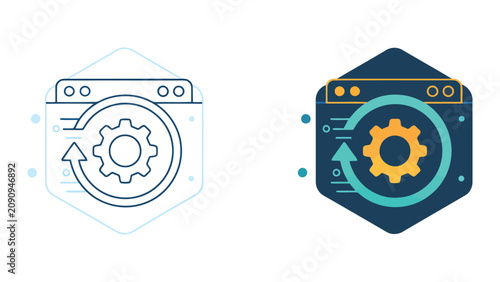 Software update process icon inside a hexagon frame with gear and arrow rotation representing system optimization and web application maintenance for modern digital interface user experience