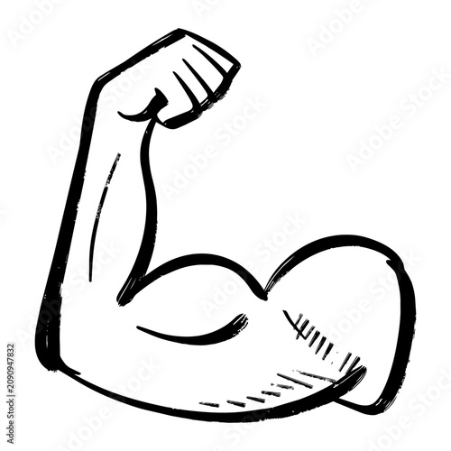 Flexing muscular arm icon isolated on white background, strong bicep line art illustration, hand drawn powerful fitness and bodybuilding element.