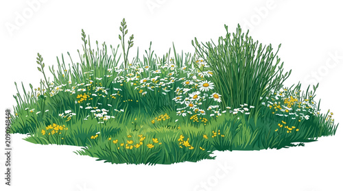 Photos A serene landscape of lush green grass and colorful wildflowers swaying gently in the breeze on a sunny day outdoors