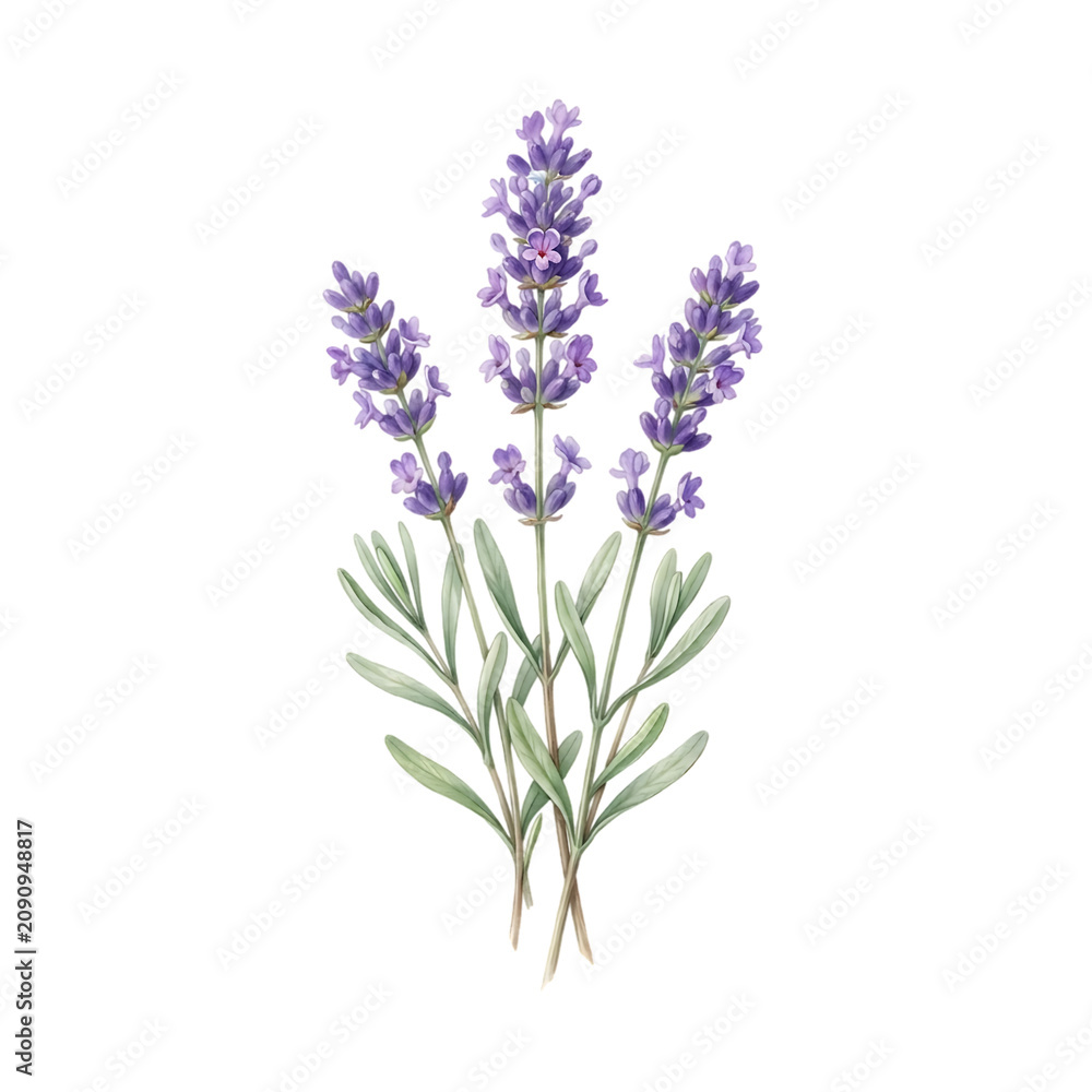Obraz premium Beautiful Hand Drawn Watercolor Illustration of Fresh Purple Lavender Flowers Isolated on a White Background for Botanical Design