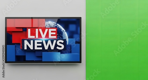 Large television screen displaying a live news broadcast with red and blue graphic box elements