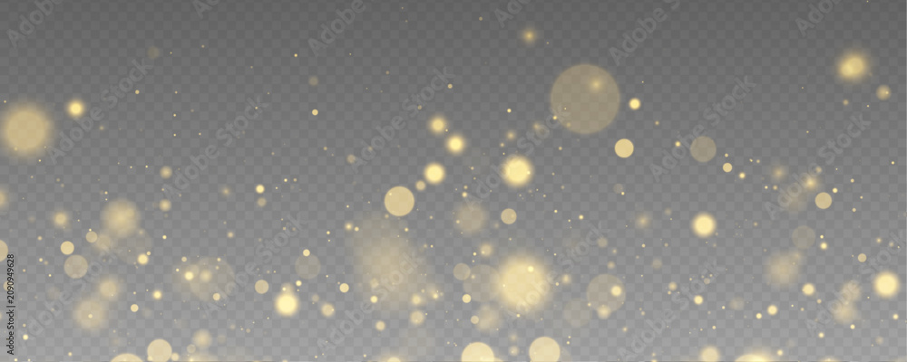 Fototapeta premium Magic glowing gold stars scatter brilliant glitter across transparent background with soft radiant beams. Yellow dust sparkle beside luminous bokeh circles. Vector PNG illustration.