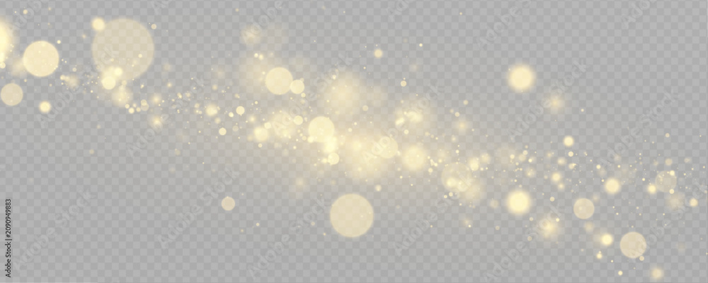 Fototapeta premium Floating light spots, lens flare and sparks texture. Gold bokeh awards glamour background. Abstract golden light burst. Christmas holiday vector concept png.