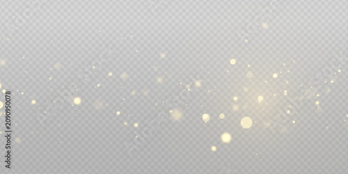 Yellow glitter dust glows in radiant light, blending shimmer, sparkle, twinkle bokeh. Particle stardust highlights flare sparks, glare, lens flare magical festive glow, PNG vector illustration.	