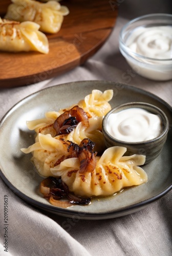 Pan fried dumplings topped with caramelized onions and fresh herbs, served with sour cream. Traditional comfort food with rustic styling and rich texture.